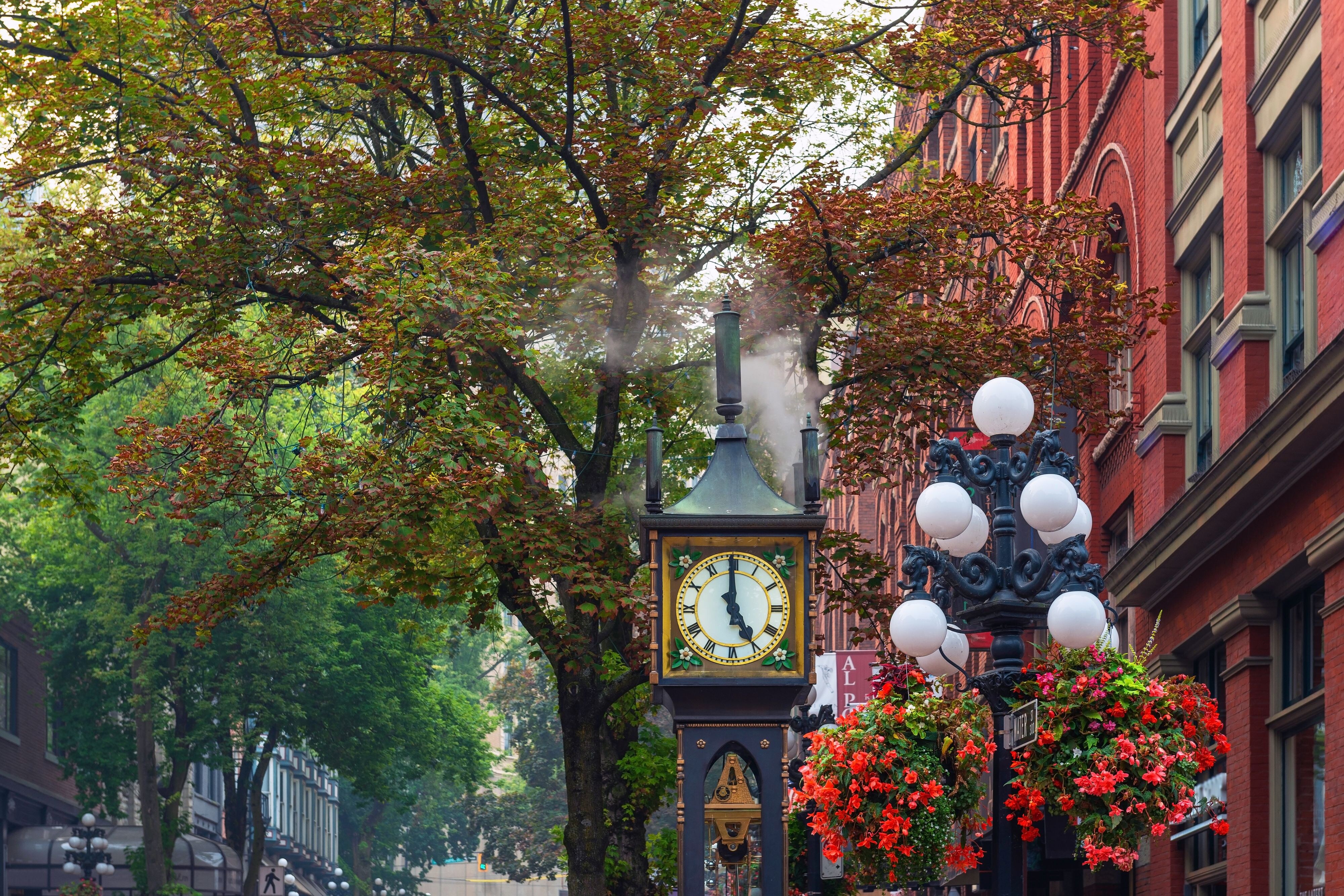 Outdoor clock and brick buildings Outdoor clock and brick buildings