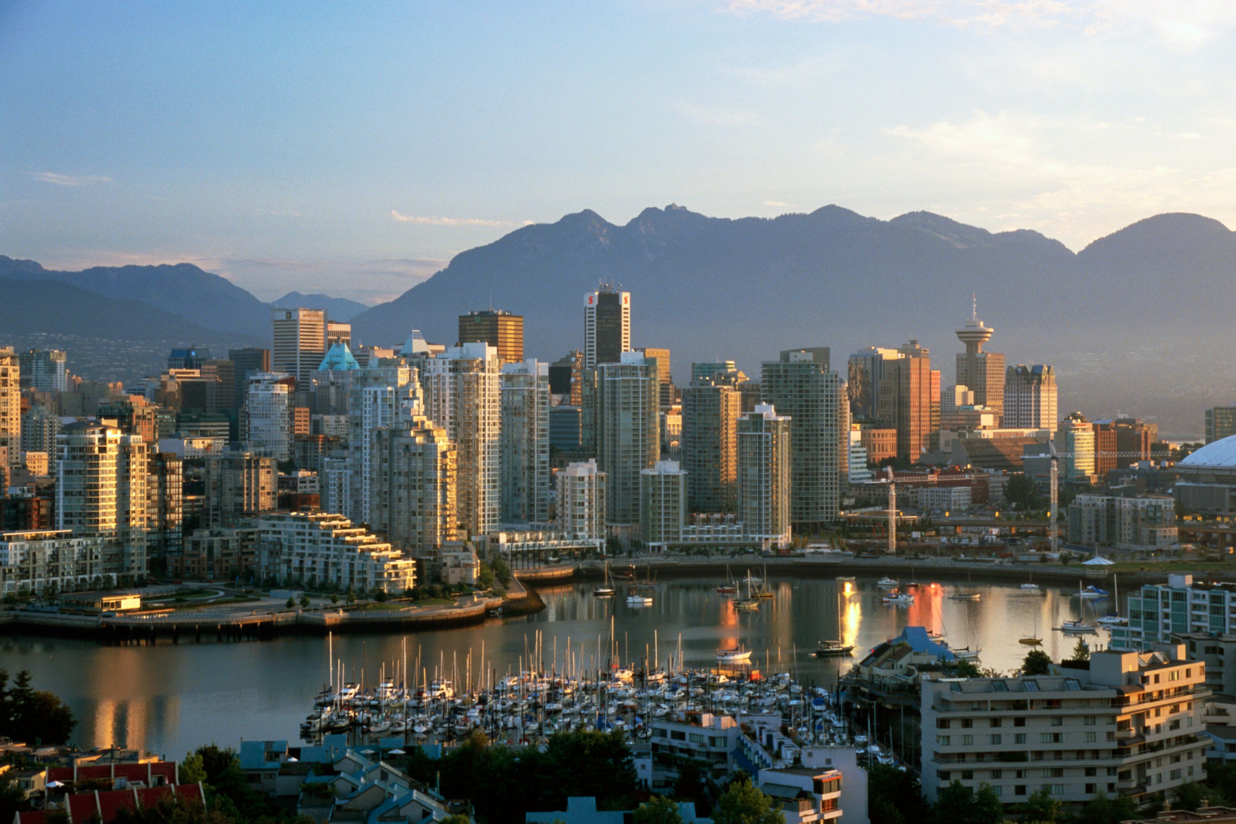 City skyline with harbor in foreground