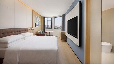 带特大床、电视和城景窗户的客房