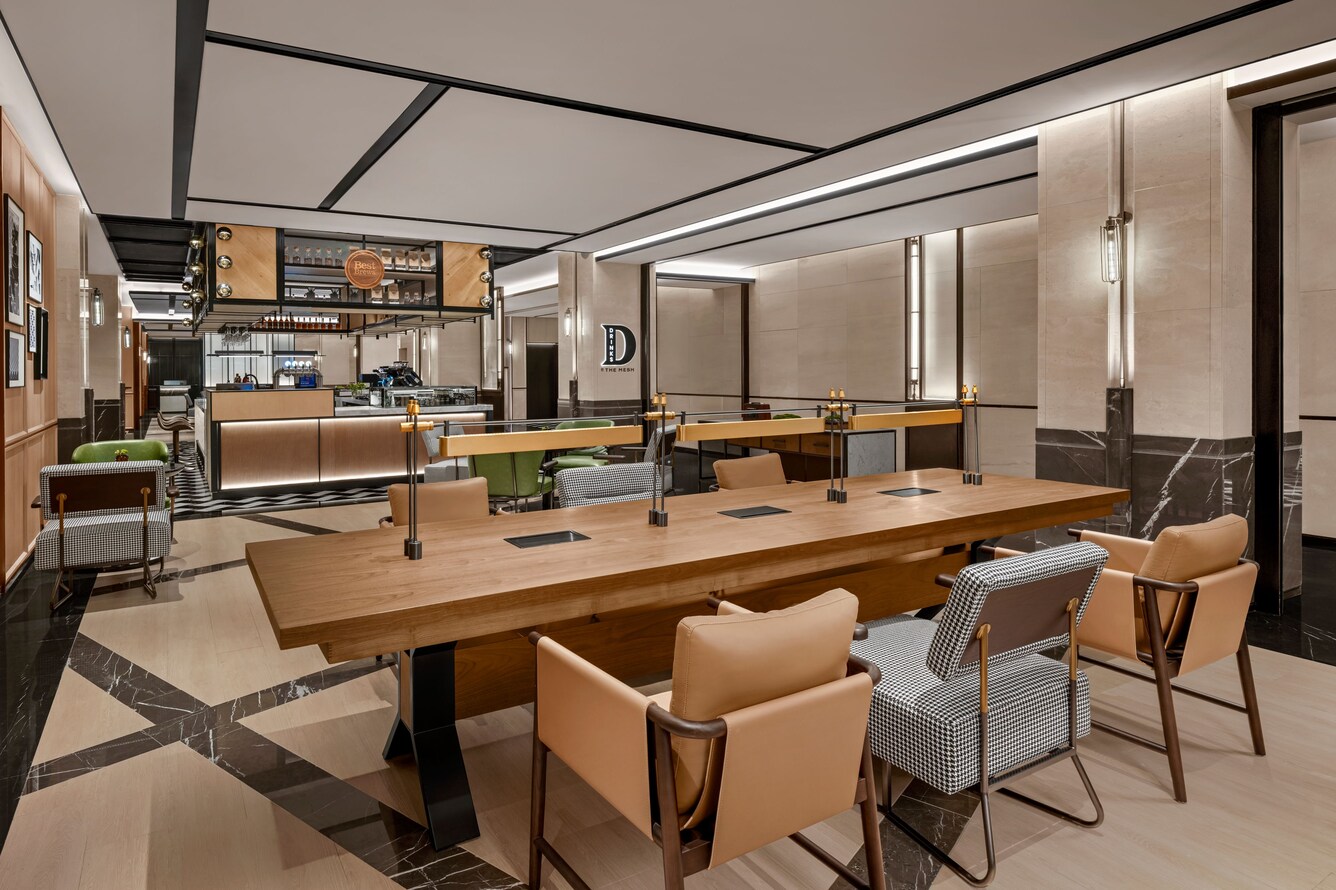 Modern lounge with wood table and bar