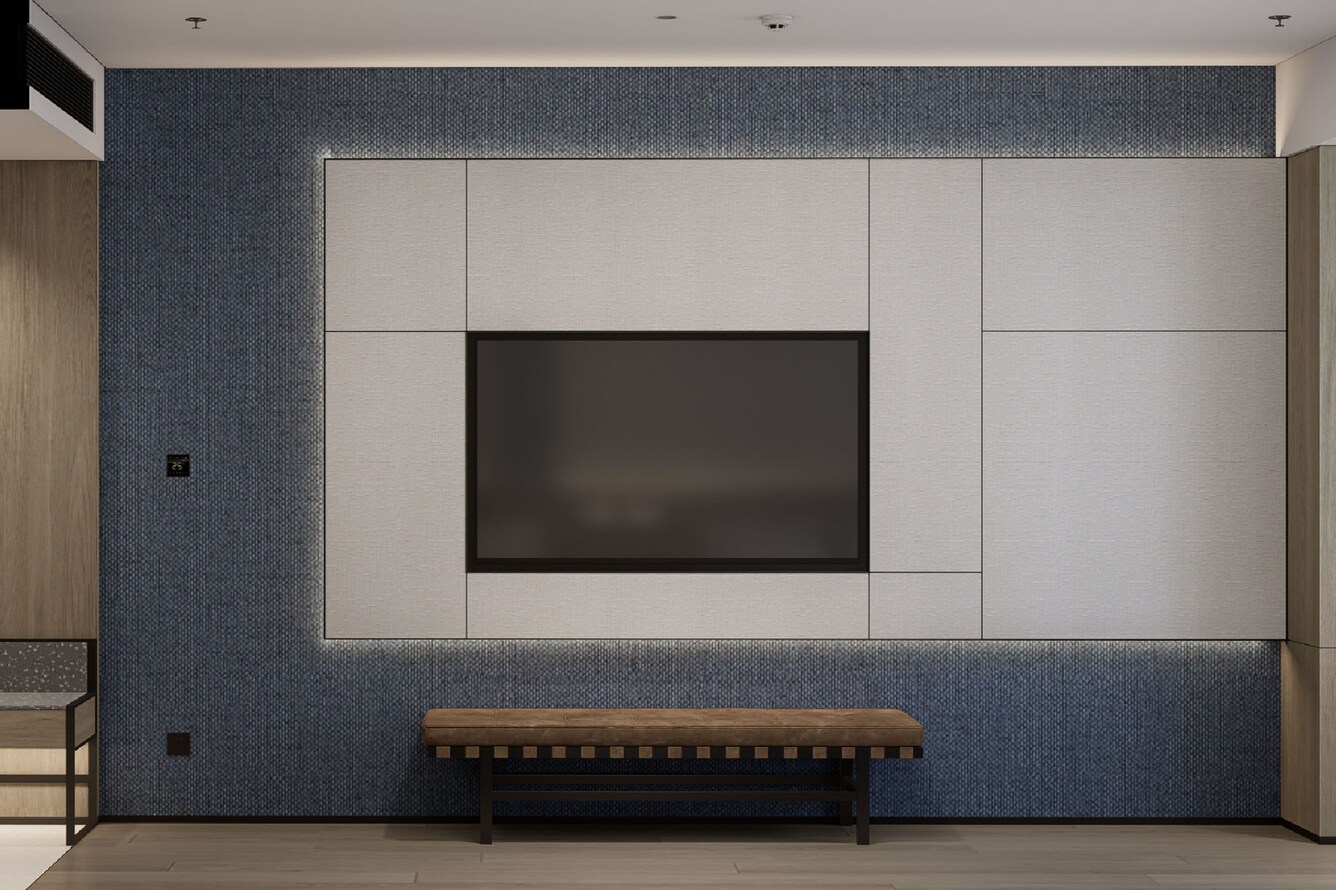 Guest room with media wall and wardrobe