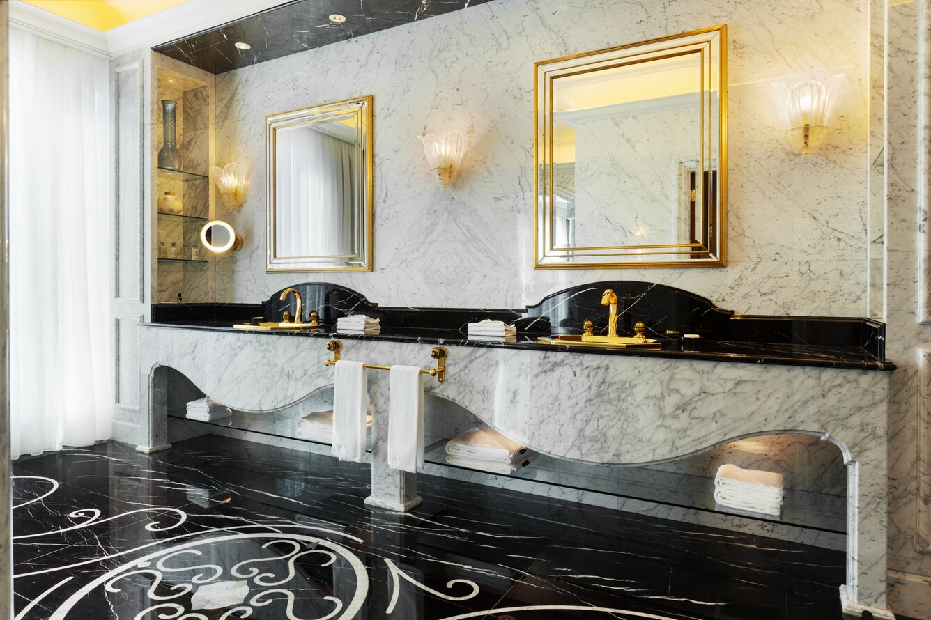 Luxury black and white marble double vanity sink