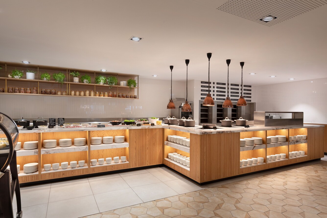 Open breakfast kitchen with buffet counters