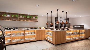Open breakfast kitchen with buffet counters