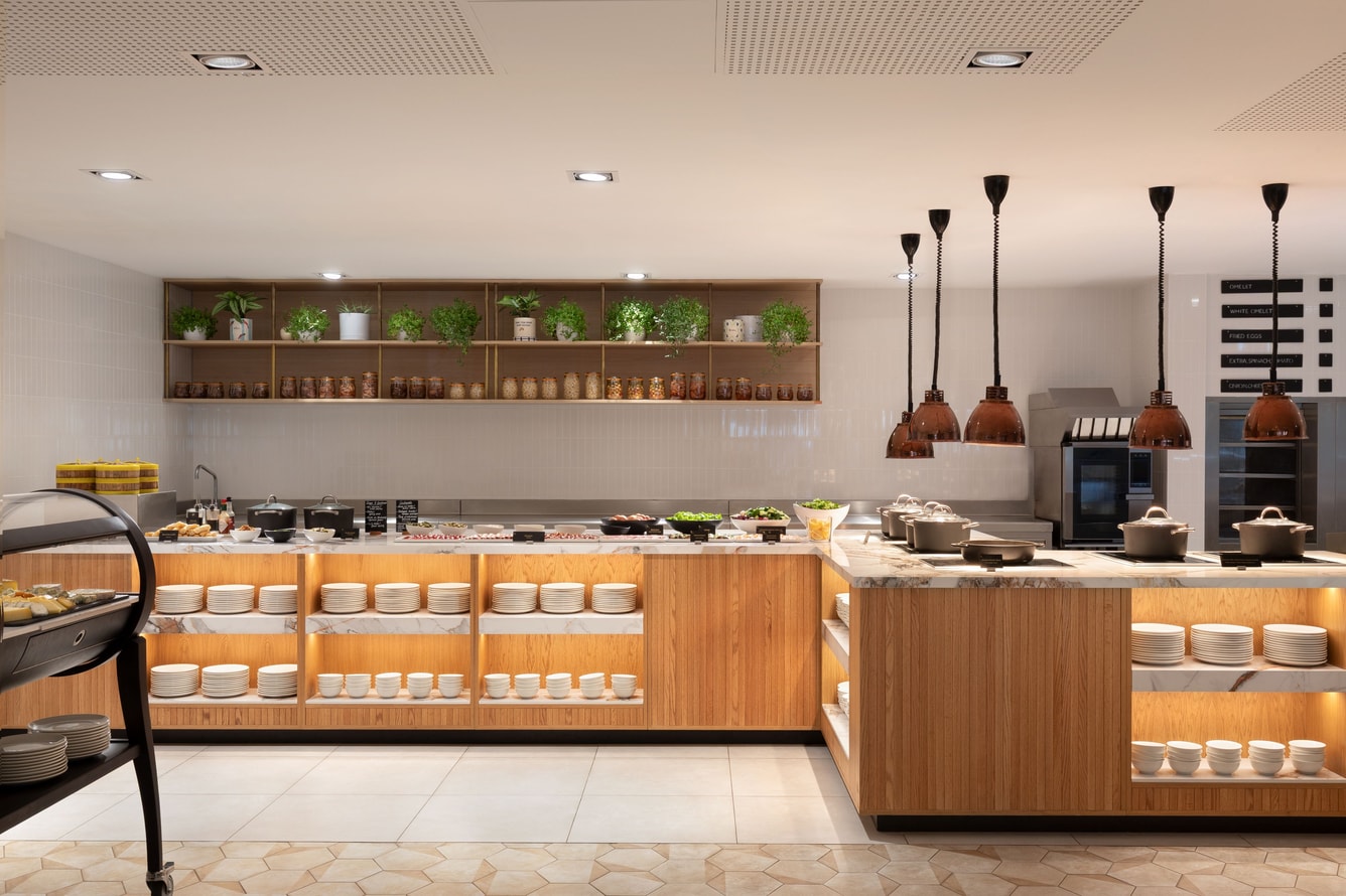 Breakfast kitchen counters with hot food stations