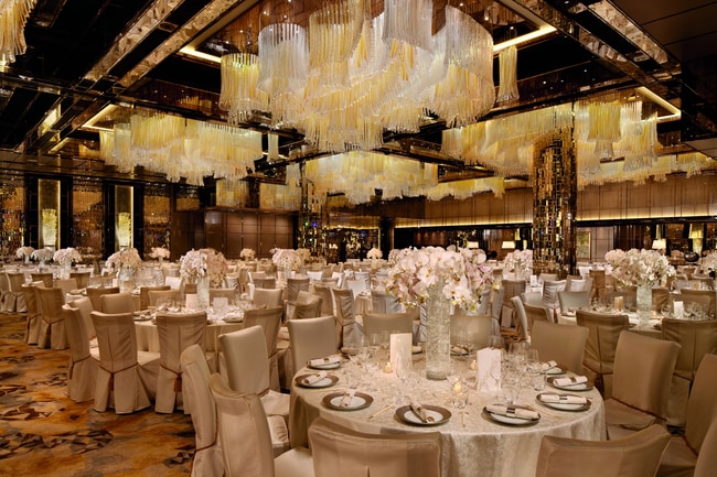 A formal banquet in a large ballroom