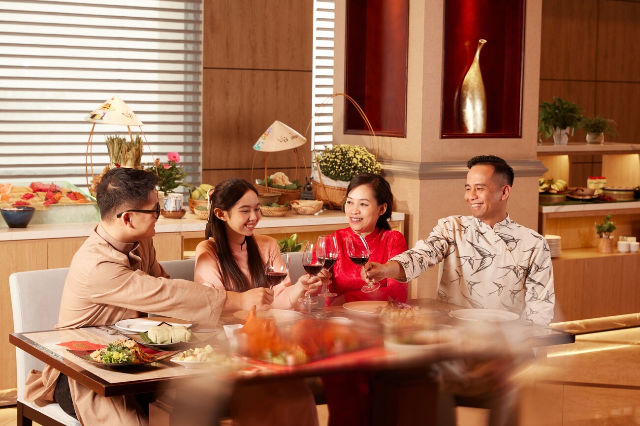 Family gather at buffet party