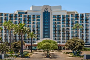 exterior of hotel with marina views