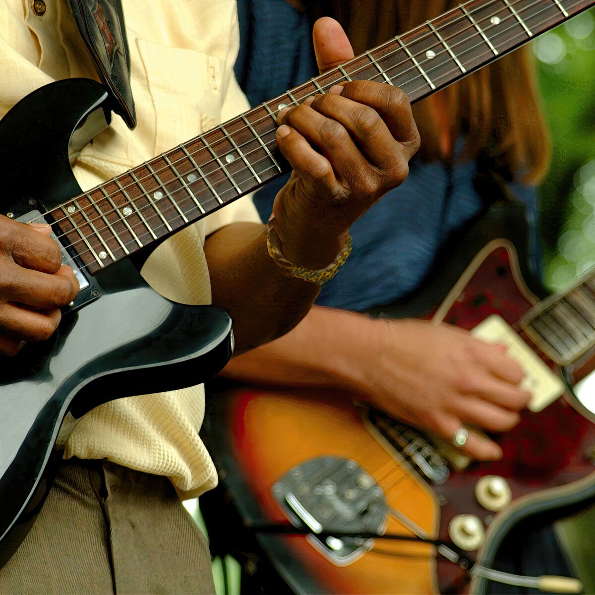 Musical Instrument String, Focus On Foreground, Guitarist, Rock Music, Photography, Two People, Sound, Color Image, Music, Blues Music, Playing, Part Of, Outdoors, Horizontal, Musician, Chicago - Illinois, Day, Guitar, String Instrument, Musical Instrument, arch-top, Archtop, bluesman, Pickup, Concepts And Ideas, Arts And Entertainment, Objects/Equipment, Music