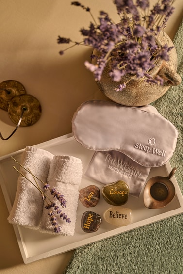 Spa tray with a soft eye mask.