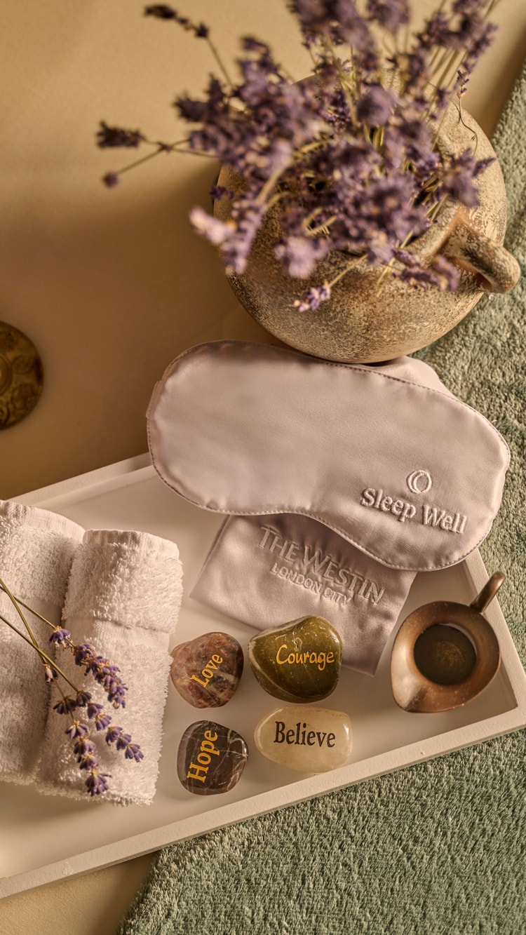 Spa tray with a soft eye mask.