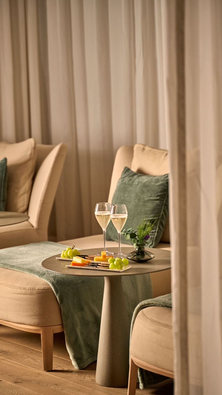Prosecco and cheese in a relaxation room