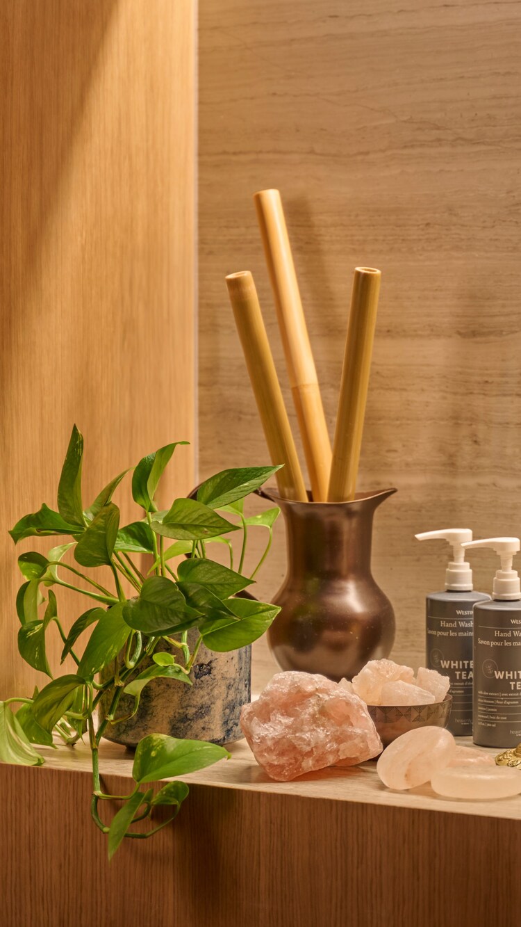 Crystals and bamboo sticks for spa treatments.